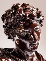 Chocolate sculpted like a fine marble statue, blending classical art aesthetics with rich, glossy textures in an elegant and surreal still-life composition.
