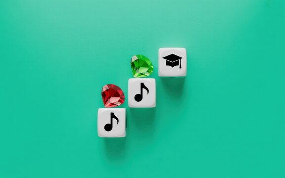A conceptual image representing the progressive steps from a musical hobby to higher education and graduation success