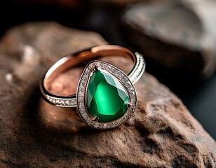 close up beautiful ring with emerald jewelry on the rock
