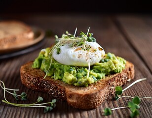 avocado toast topped with poached egg and fresh microgreens served on rustic sourdough styled for a chic modern brunch scene