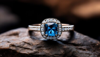 close up a beautiful ring with blue diamond on the rock