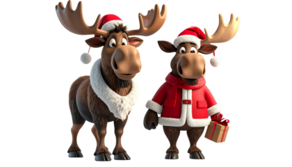  Two cartoon moose in Santa outfit bundle isolated on transparent background