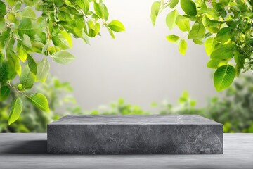Gray stone product display podium, framed by lush green leaves