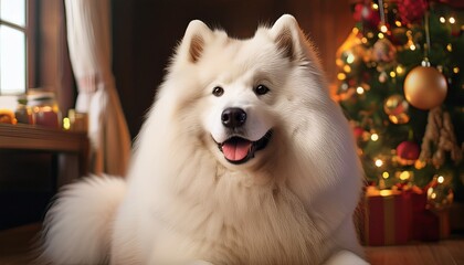 a fluffy samoyed sitting in room
