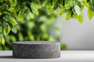 Gray stone pedestal, lush foliage backdrop