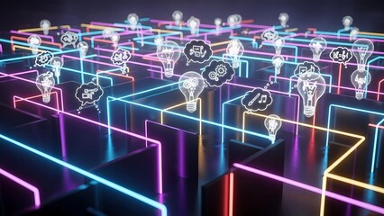 Innovation Network: Glowing Light Bulbs with Diverse Thought Bubbles