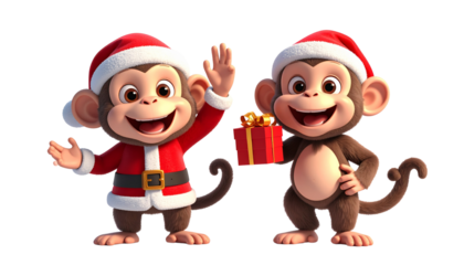  Two cartoon monkey in Santa outfit bundle isolated on transparent background