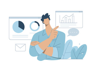 Business expert presenting performance metrics and business data analysis with innovation. Vector illustration.