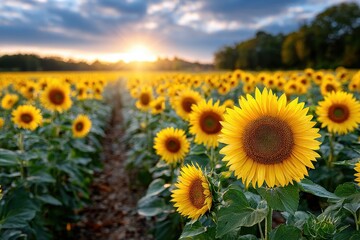 Obraz premium Sunflowers at Sunset in a Vast Field