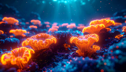 A mesmerizing deep-sea landscape showcasing a vibrant ecosystem of glowing bioluminescent coral illuminating the mysterious ocean floor
