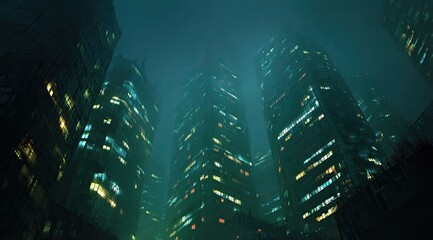 Foggy, futuristic city at night