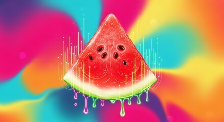 A slice of watermelon with dripping juice on a colorful background