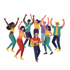 Cheerful Cartoon Style Group Dancing Together with Guitar Performance Illustration