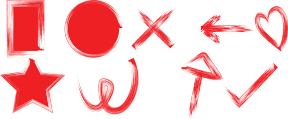 Hand drawn bold grunge wavy and swirled brush strokes. Simple childish vector scribbles and squiggles ,arrow, cloud, love, crown, star, lightning.