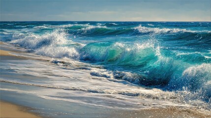 Ocean waves crashing on a sandy shore.  A vibrant display of turquoise and blue water,  with foamy white crests.  Sunlit scene