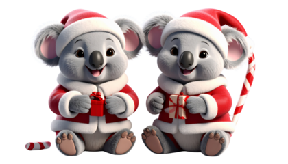Two cartoon koala in Santa outfit bundle isolated on transparent background