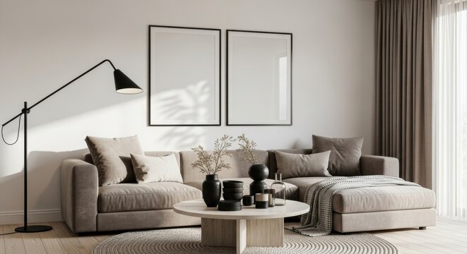 Cozy living room with a sectional sofa, two blank picture frames, and a floor lamp, modern decor