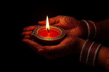 Artistic mehndi decorated hands holding glowing diya clay lamp with burning red candle flame symbolizing festive indian cultural spirituality and celebration of traditional hindu lights