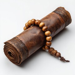 Rolled leather scroll with wooden beads