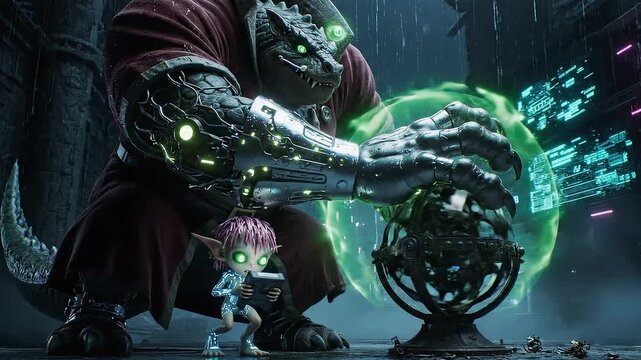reptilian guardian with a magical sphere, protecting an ethereal elf in a dark futuristic world