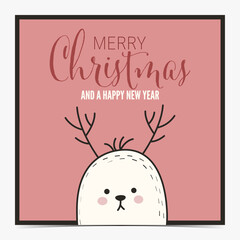 Merry Christmas, happy New Year - cute greeting card, postcard, invitation with an adorable reindeer on a pink background, vector illustration	