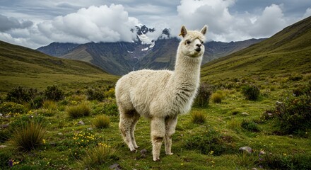 Cute alpaca with fluffy wool standing on farm field, symbol of livestock and rural life, perfect for agriculture, textile, and countryside lifestyle themes.