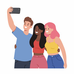 Fototapeta premium Flat Style Cheerful Diverse Group People Taking Selfie Illustration
