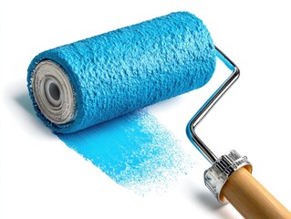 Blue paint roller with fresh paint stroke