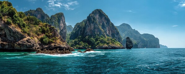 Turquoise water laps against dramatic limestone cliffs. Lush vegetation clings to the rocky shores