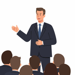 Flat Style Male Presenter Delivering a Presentation in Front of Audience Illustration