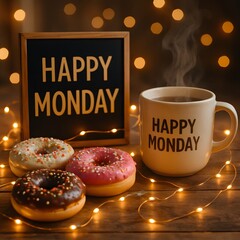 Happy monday coffee and colorful sprinkled donuts with steaming mug and happy monday message board on rustic wooden table surrounded by warm bokeh fairy lights cozy morning breakfast scene