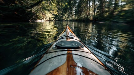 A Kayakers Immersive POV Gliding on a Tranquil, Sun-Dappled Forest River.