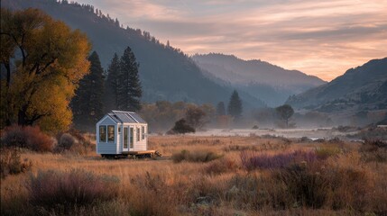 A Quaint White Sunroom Nestled in a Misty, Golden Autumn Valley at Sunrise.