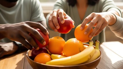 Healthy Snacking Choices: A couple reaches into a wooden bowl filled with fresh fruits, selecting apples, oranges, and bananas for a nutritious snack.