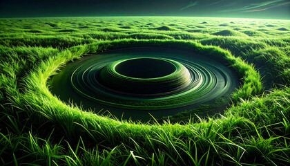 Mystical Green Swirl Formation, Nature Landscape, Grass Field, Digital Art, Enchanted Environment, Aerial View, Conceptual Imagery
