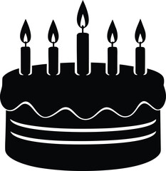 Birthday Cake with Candles Black Silhouette, Celebration Cake Outline with Flames - Black Vector Icon