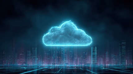 Glowing neon cloud over futuristic cityscape at night