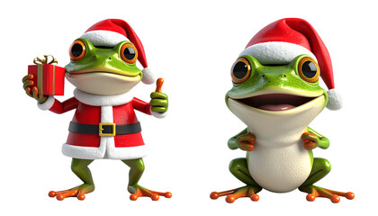 Two cartoon frog in Santa outfit bundle isolated on transparent background