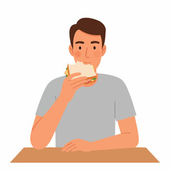Flat Cartoon Style Man Eating Sandwich at Table Illustration