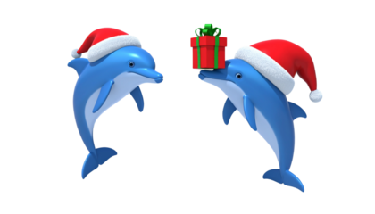 Two cartoon dolphin in Santa outfit bundle isolated on transparent background