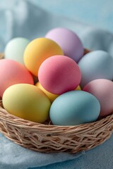 A delightful display showcases a collection of pastel-colored eggs nestled inside a woven basket, the arrangement highlighted against a soft blue backdrop, offering a visual treat with its gentle...
