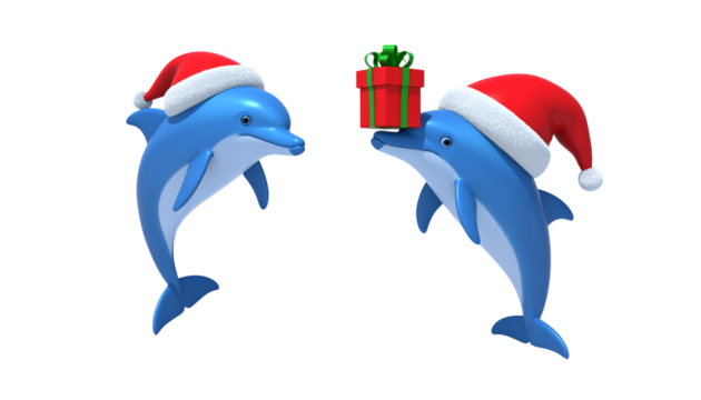 Two cartoon dolphin in Santa outfit bundle isolated on transparent background