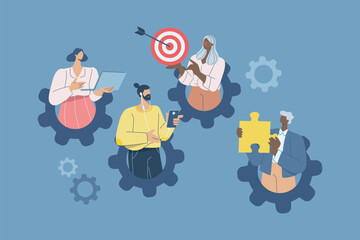 Business teamwork concept, People working inside gear, Vector illustration.