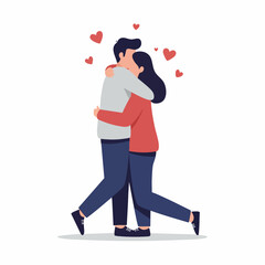 Flat Style Romantic Couple Embrace with Floating Hearts Celebration Illustration
