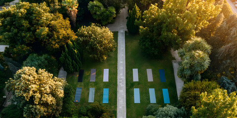 Sunrise yoga garden outdoor mats arranged on lawn path sunlight peaceful morning practice