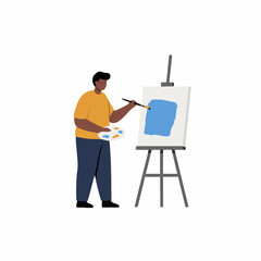 Minimalist Flat Style Man Painting Blue Object On Canvas Illustration