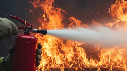 A worker using a red fire extinguisher spraying white mist onto burning flames, urgent fire prevention and safety action