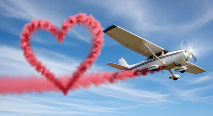 Airplane creating a heart shape with red smoke in the sky.