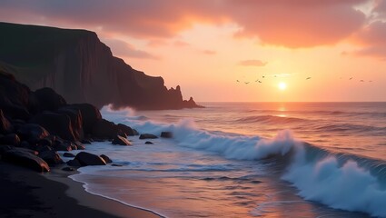 Sunrise Seascape &mdash; serene sea with golden and orange hues under mountains at dawn, ideal for tranquility content, tourism projects, or inspiration for reflective moments.