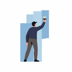 Flat Style Full Body Painter Man Painting Wall With Brush Illustration